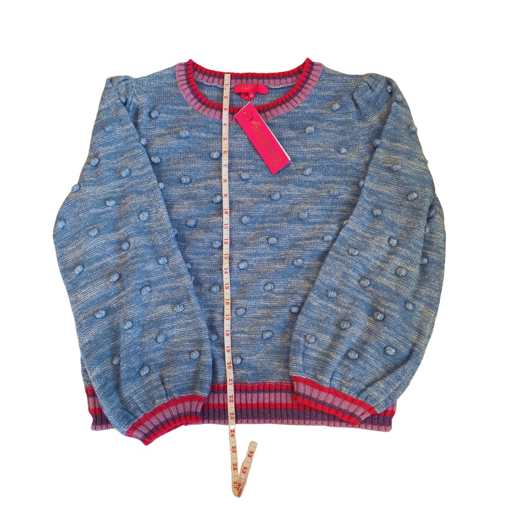 Lilly Pulitzer Verna Sweater XL Blue Pink Pom Pom Knit Grannycore Coastal Preppy